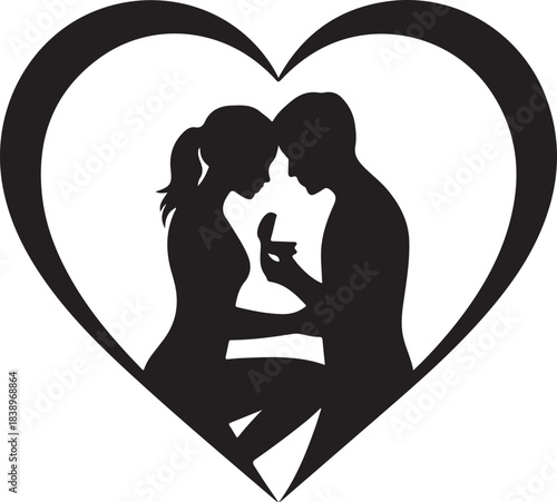 Black silhouette of man proposing to woman inside heart