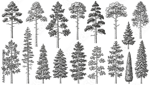 Detailed hand-drawn cad collection of various coniferous and deciduous trees, perfect for botanical and nature-themed designs