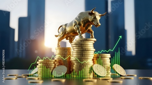 Golden bull statue on stacks of coins with an upward-trending financial graph in front of a modern city skyline, symbolizing market growth and investment success.