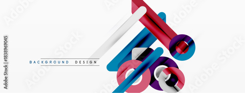 Abstract geometric shapes overlap, creating dynamic composition. Blue, red, silver tones dominate white background. Modern design element.