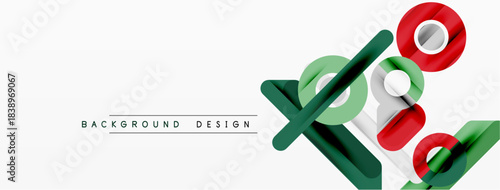 Abstract geometric shapes overlap, creating dynamic visual composition. Green, red, gray elements present modern design aesthetic.
