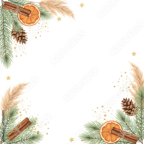 Vintage floral Christmas frame illustration: holiday card decoration border with pine branch and flowers