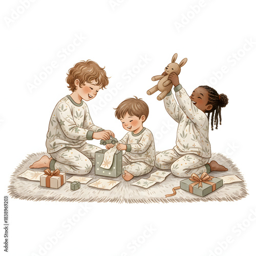 Children wearing matching neutral-colored pajamas opening presents on Christmas morning