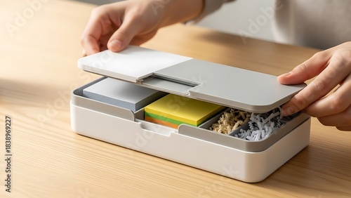 Wallpaper Mural Person's hands opening a modern desk organizer box filled with sticky notes and shredded paper on a wooden table. Torontodigital.ca