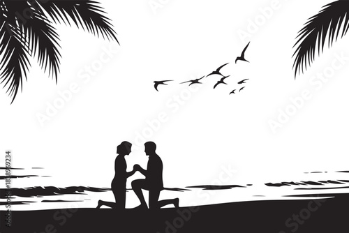 Couple proposing on beach with palm trees and flying birds