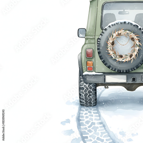 Close-up of tire tracks in the snow leading towards a 4x4 vehicle decorated with a small, hand-painted Boho wreath