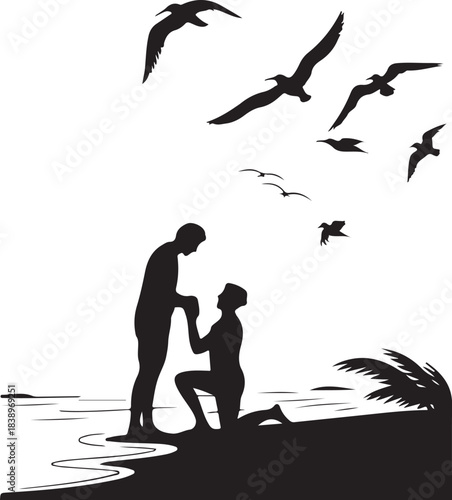 Couple proposing on beach with seagulls flying overhead