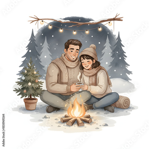 Happy family in the snow: smiling mother, father, son, and daughter enjoying winter fun outdoors with love and joy