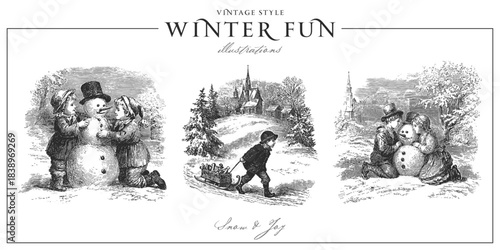 Set of traditional European winter scenes. Vintage engraving or ink drawing style vector illustration.