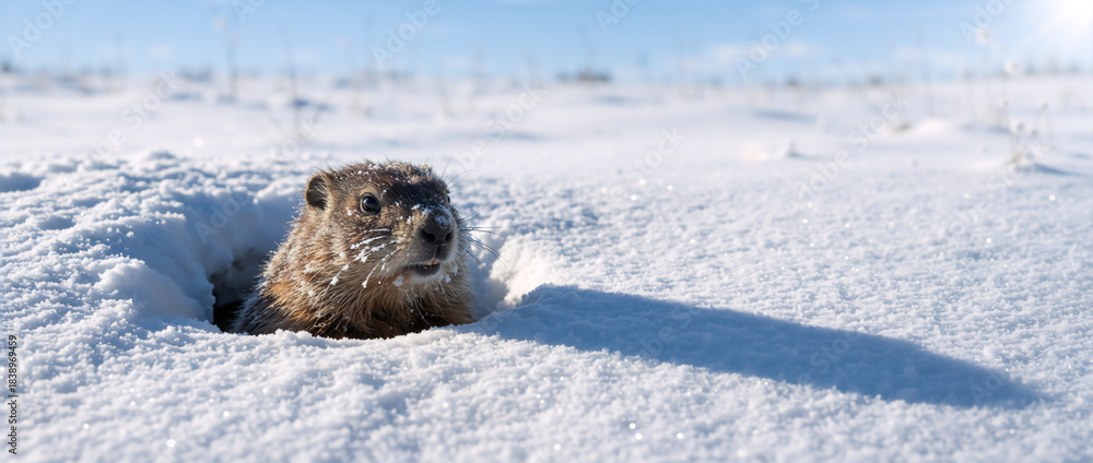 Obraz premium A cute groundhog with snow on its face peeking out of a burrow. Woodchuck emerging from its den on a sunny winter day. Groundhog Day concept with copy space