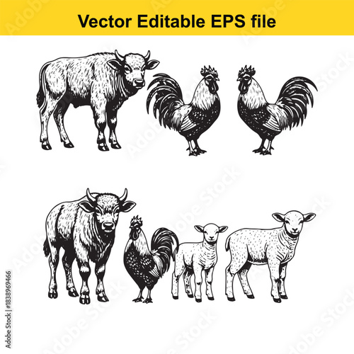  farm animals collection bull, rooster, and lambs vector editable eps file