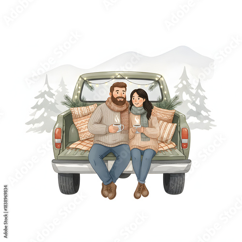 Happy young couple smiling and driving a car on a road trip vacation