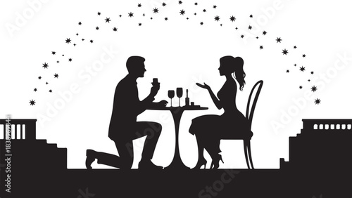 Man proposes to woman at table under starry arch proposal