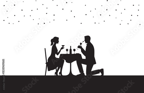 Man proposes to woman at candlelit dinner under stars