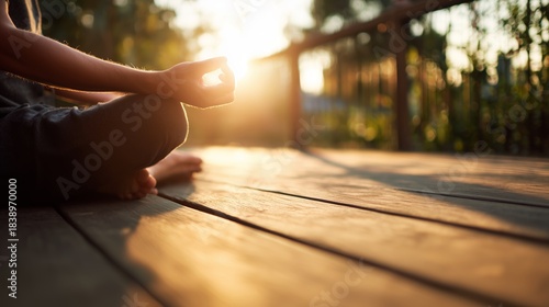Person practices meditation on a wooden deck at sunset near trees and green nature