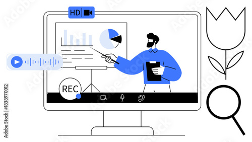 Monitor screen showing presenter explaining charts during a virtual meeting. Includes video call tools, recording features, and voice recording. Ideal for remote work, education, teamwork, online