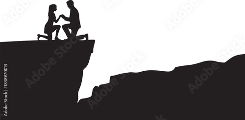 Man proposes to woman on cliff edge silhouette couple