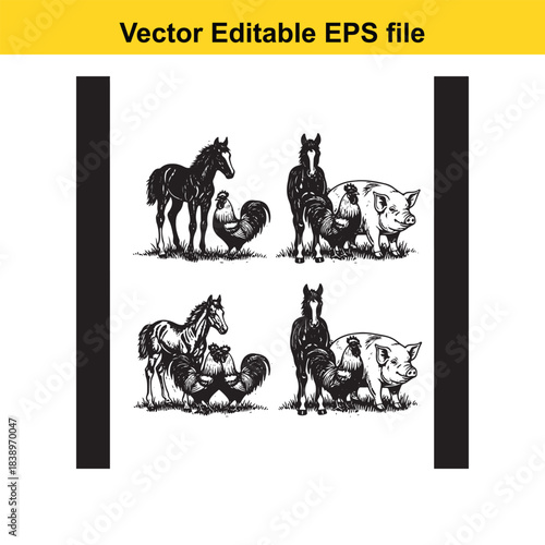  farm animals set horse, rooster, and pig in sketch style