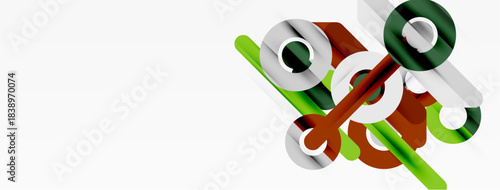 Abstract geometric shapes, lines, circles, vibrant colors. Modern design elements create dynamic composition. Minimalist style.