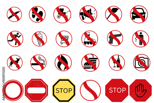 Prohibition signs set vector illustration. Warning danger symbol forbidden safety information. Protection no allowed caution information.