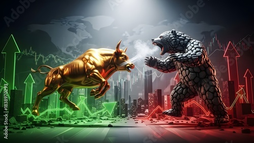 Golden bull and dark bear confronting each other in front of a city skyline with market trend arrows, symbolizing financial market dynamics.