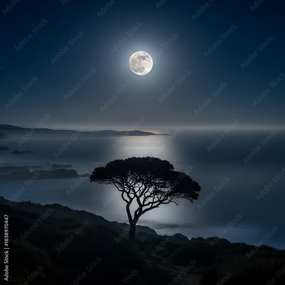 Fototapeta premium A solitary tree silhouetted against a moonlit seascape under a clear night sky, with blurred coastline in the background