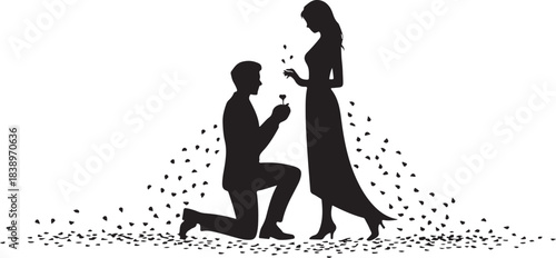 Man proposes to woman with flower surrounded by falling petals