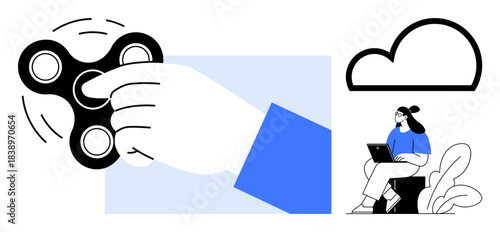 Fidget spinner concept. A hand holding and spinning a fidget toy, cloud computing icon, and a woman using a laptop. Fidget spinner usage include stress relief, mindfulness, technology design