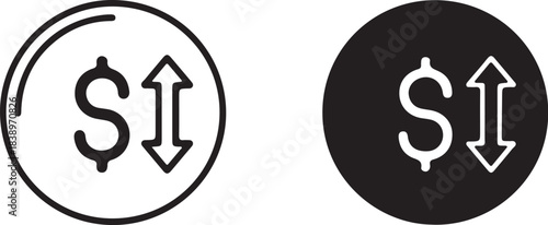 Dollar Sign with Up and Down Arrows Icon Outline and Solid Silhouette for Finance money currency on transparent background