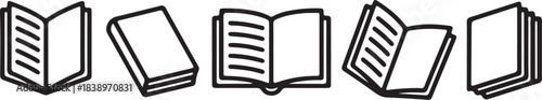 Collection of five open and closed book icons in black and white line art open book stack of books on transparent background