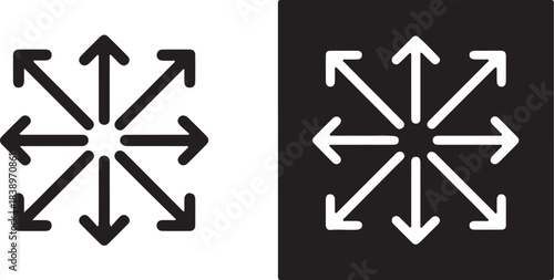 Eight Directional Arrows Radiating Outward From Center In Black And White radial expansion on transparent background