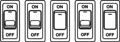 Five Light Switch Icons with ON and OF Labels in Outline toggle power on transparent background