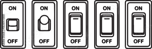 Five icons of electrical light switches in various styles and positions on a white background electricity on transparent background