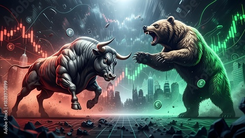 A powerful bull and bear confront each other amidst dynamic stock market charts and financial symbols, representing market forces.
