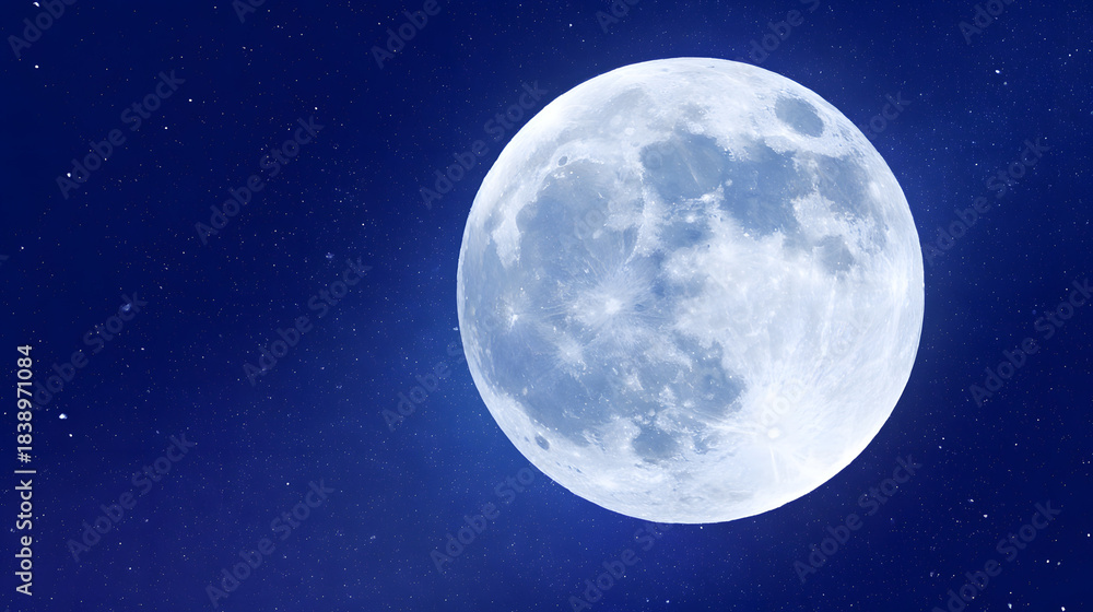 Fototapeta premium telephoto. Super moon in crisp detail against a deep blue night sky with visible lunar craters. STEM education sheets, lab safety posters, designed for STEM education and laboratory safety posters.