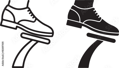 Outline and solid black icons of a shoe stepping on a lever press activate on transparent background