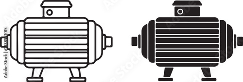 Outline and solid black icons of a horizontal cylindrical tank with pipes cylinder industrial on transparent background