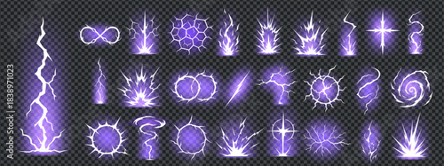 Comic lightning bolt effect glows with thunder energy and manga thunder background. Purple electric storm light makes each element powerful, stylish and ideal for anime, VFX or fantasy design.