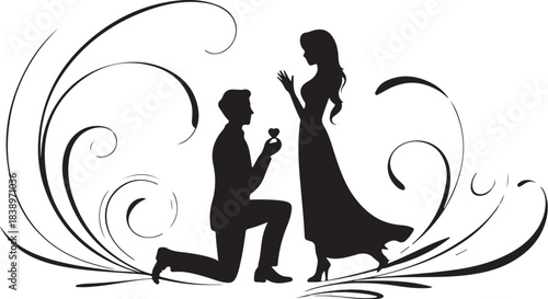 Man proposes to woman with ring surrounded by swirls