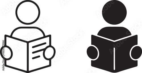 Person reading a book icon outline and filled silhouette on white background Keywords: reading, book, person, icon, silhouette, outline, education, knowledge, study, on transparent background
