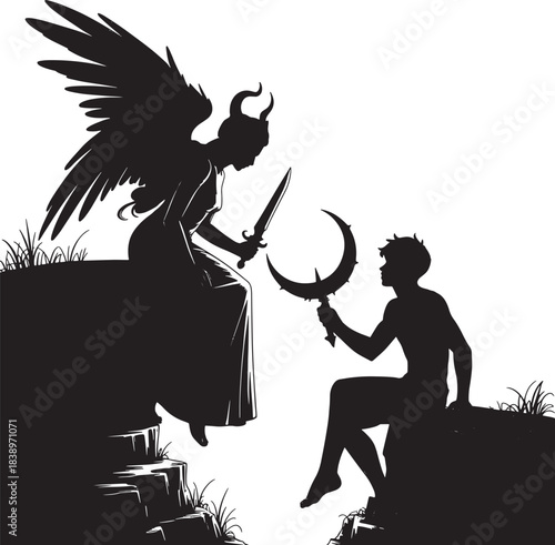 Silhouette of a winged, horned figure confronting a seated figure holding a crescent moon object, white