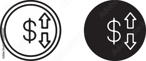 Two currency icons one outlined and one solid black showing dollar sign with up and down arrows Keywords: currency, dollar, money, finance, icon, outline, silhouette, black on transparent background