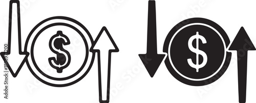 Two stylized dollar coin icons with down and up arrows in outline and solid black money currency on transparent background