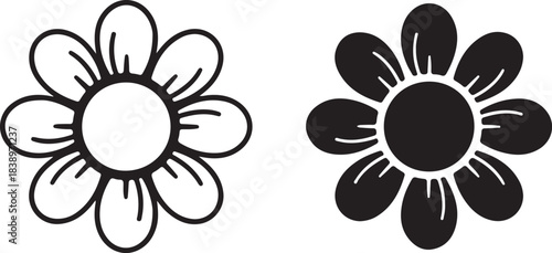 Two stylized flower icons one outlined and one solid black with white petals Keywords: flower, icon, outline, silhouette, black and white, simple, graphic, design, element, on transparent background