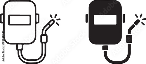 Welding mask and torch icon outline and filled silhouette on white background Keywords: welding, mask, torch, icon, equipment, safety, industry, metalwork, fabrication, 