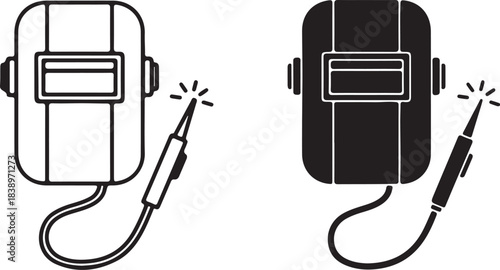 Welding Mask and Torch Icon Set in Outline and Solid Black equipment tool 
