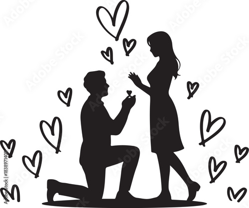 Man proposing marriage to woman surrounded by hearts