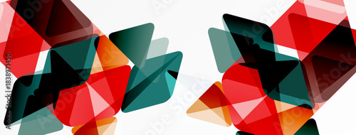 Abstract geometric shapes overlap, creating dynamic red, teal, orange composition. Minimalist design, modern aesthetic.