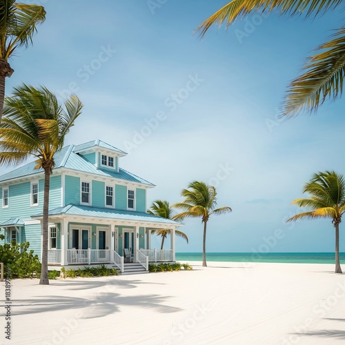 Fototapeta Naklejka Na Ścianę i Meble -  turquoise beach house with palm trees and a white sandy yard.