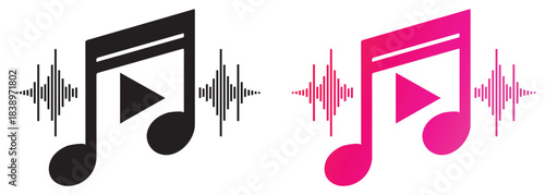 Music note icons with play button and sound waves isolated on transparent background